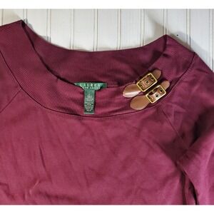 Ralph Lauren Knit Dress Maroon Leather Buckle Size Large Midi Long Sleeve Cotton